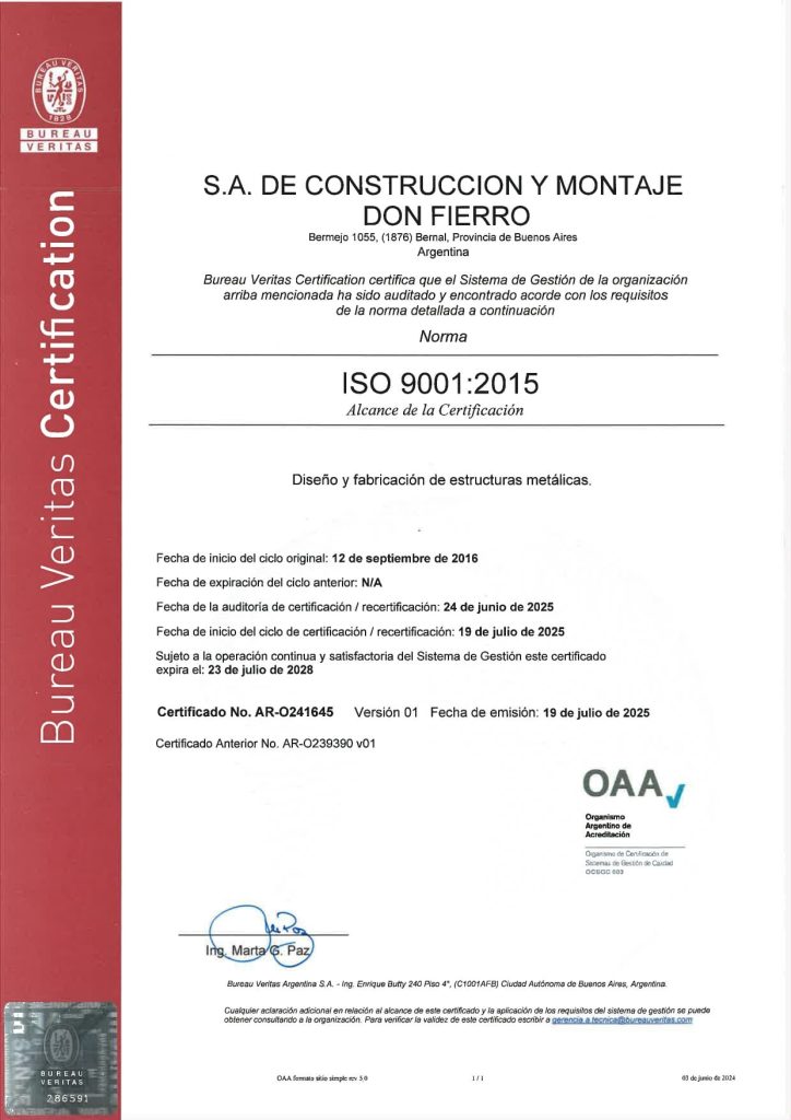 Certificación de calidad ISO 9001 otorgada a Don Fierro